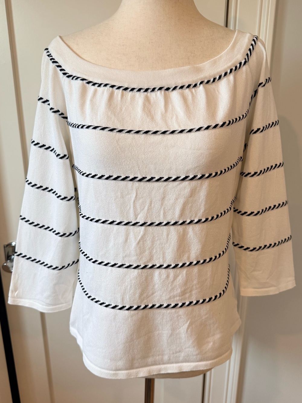 Escada White Boatneck Top with Navy Rope Stripe